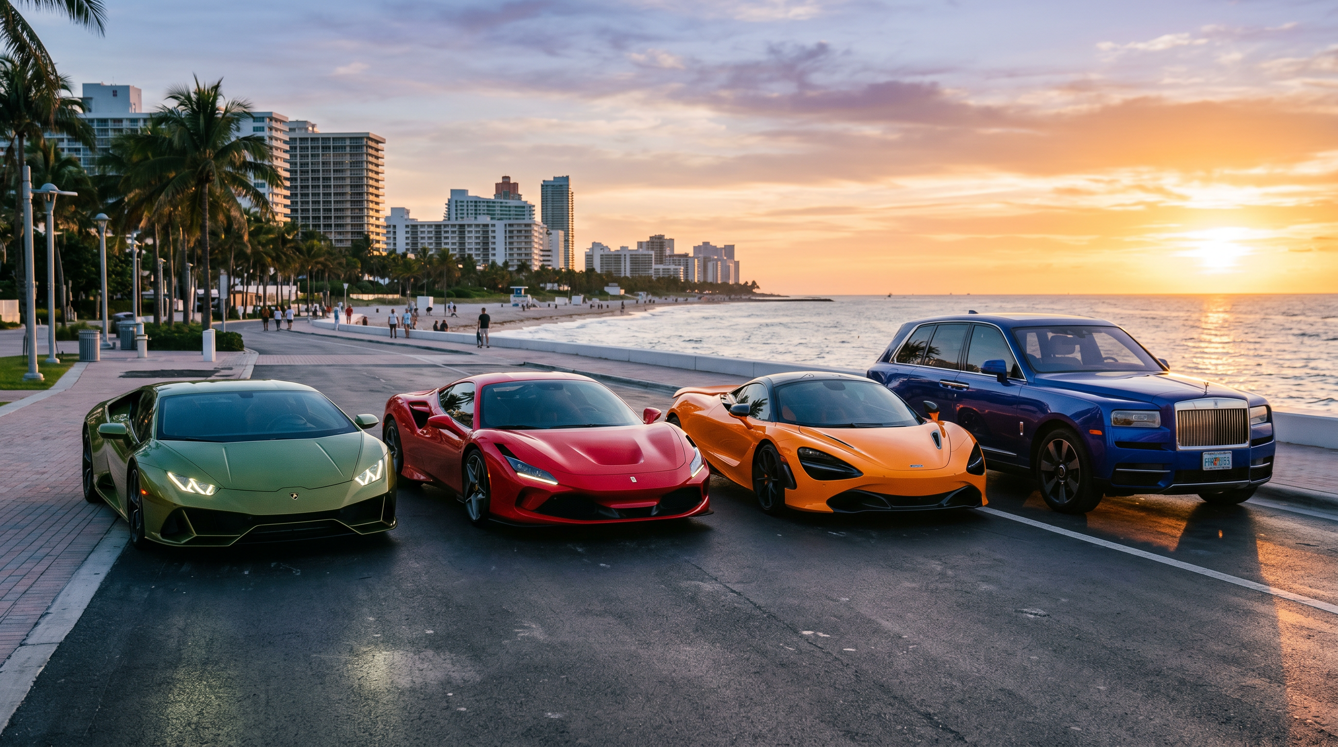 Lamborghini Huracan Ferrari F8 McLaren 720S Rolls-Royce Cullinan lineup parked on Miami Beach waterfront at golden hour — exotic supercar fleet phalanx