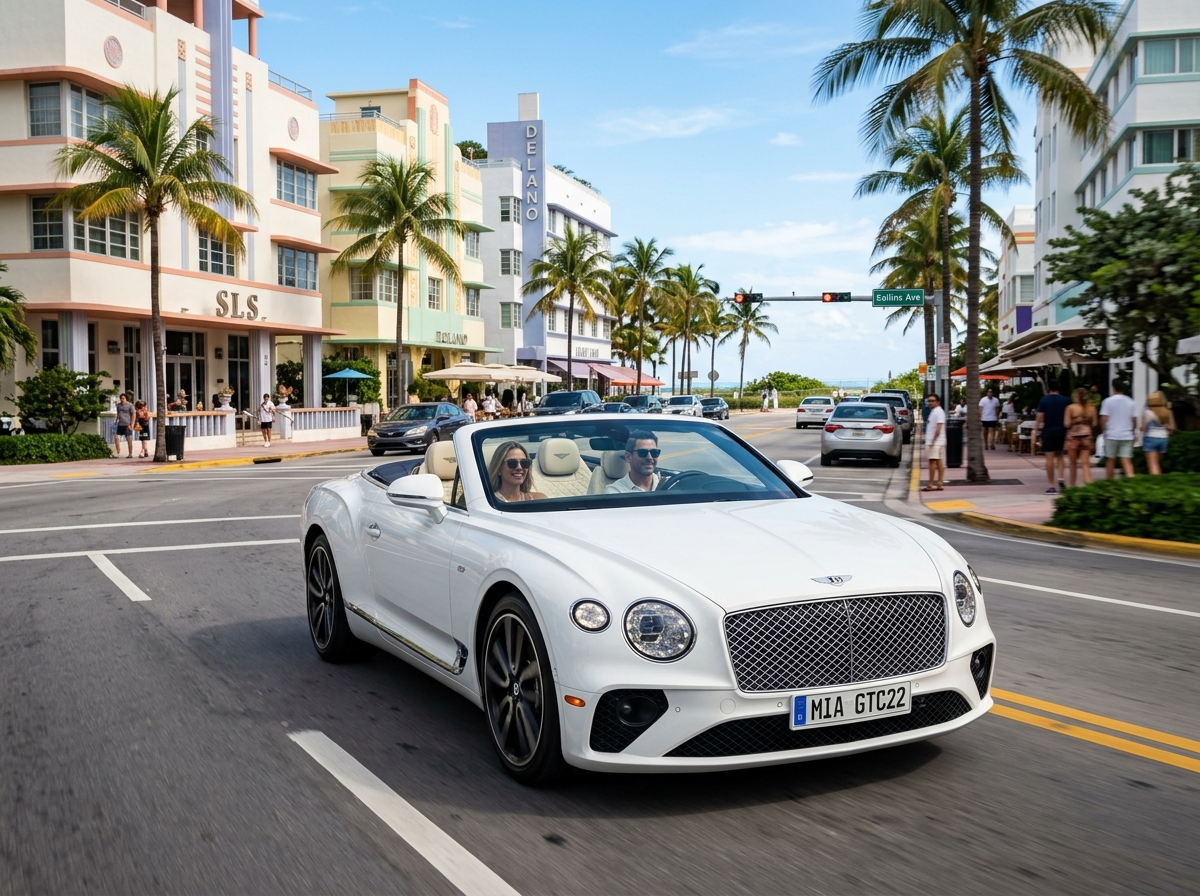 2022 Bentley Continental GT white convertible open roof driving on Collins Avenue Miami Beach