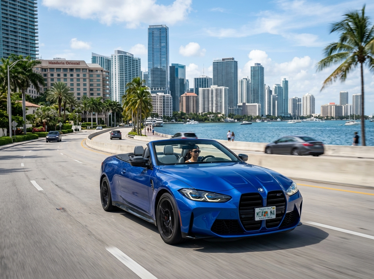 2024 BMW M4 Competition Cabrio blue convertible open roof driving on Brickell Key Miami