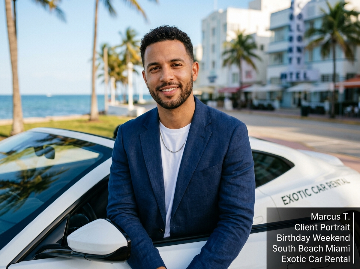 Marcus T. client portrait headshot birthday weekend South Beach Miami exotic car rental